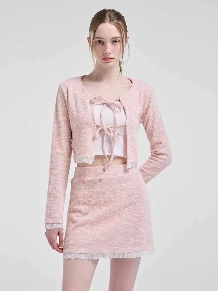 Frill Tweed Cardigan, Pink