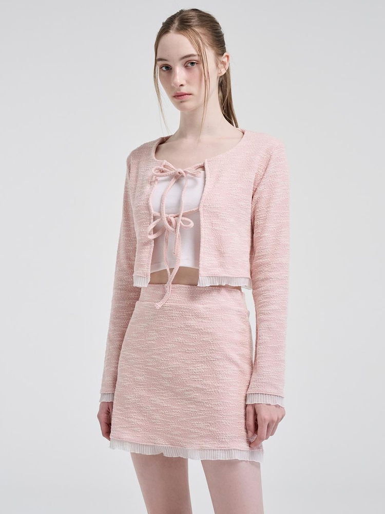 Frill Tweed Cardigan, Pink