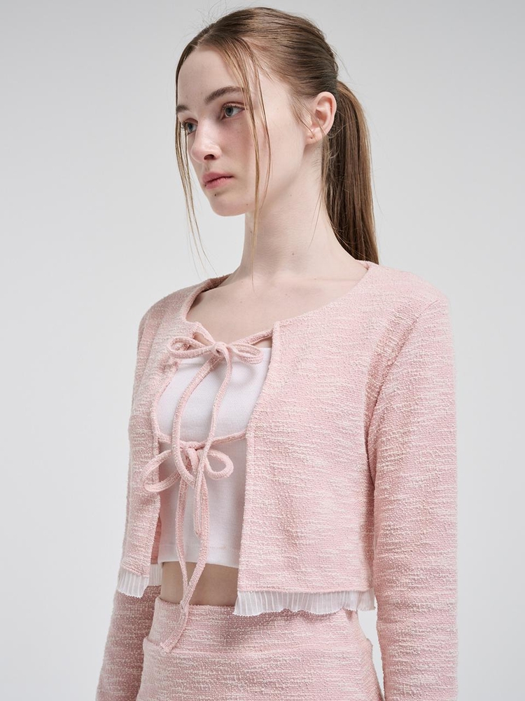 Frill Tweed Cardigan, Pink