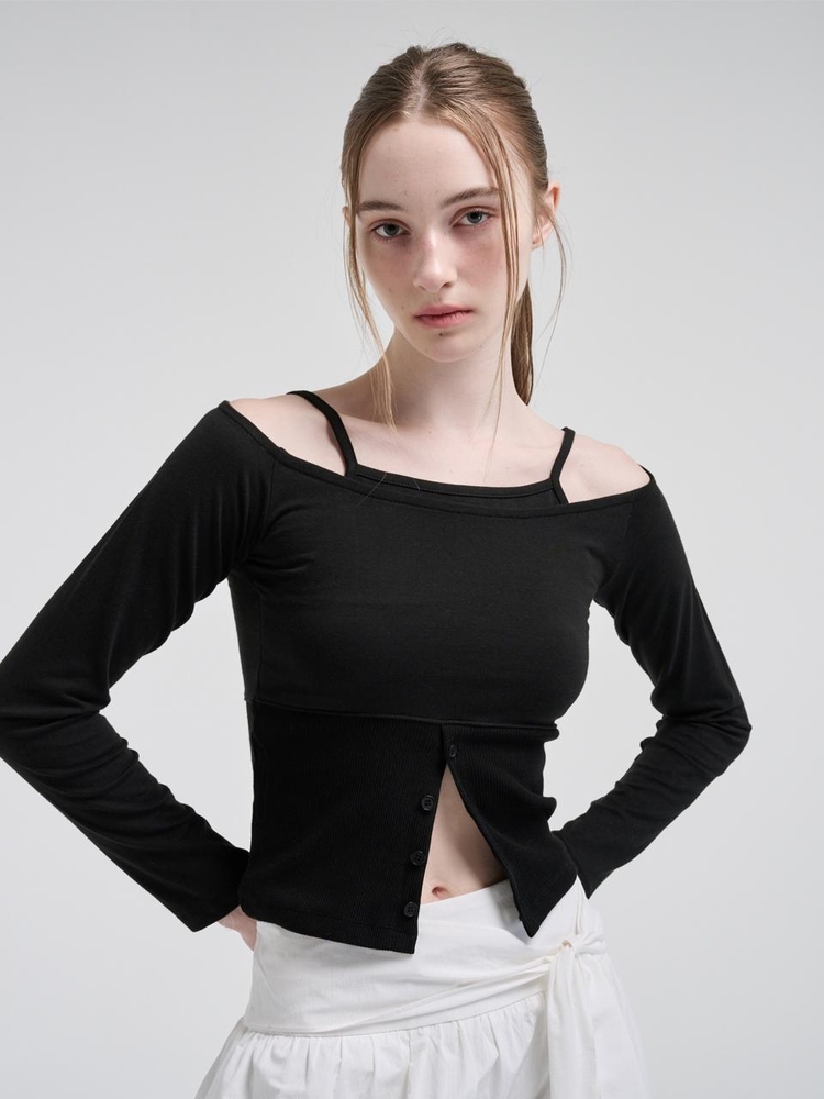 Layered Button T-Shirt, Black