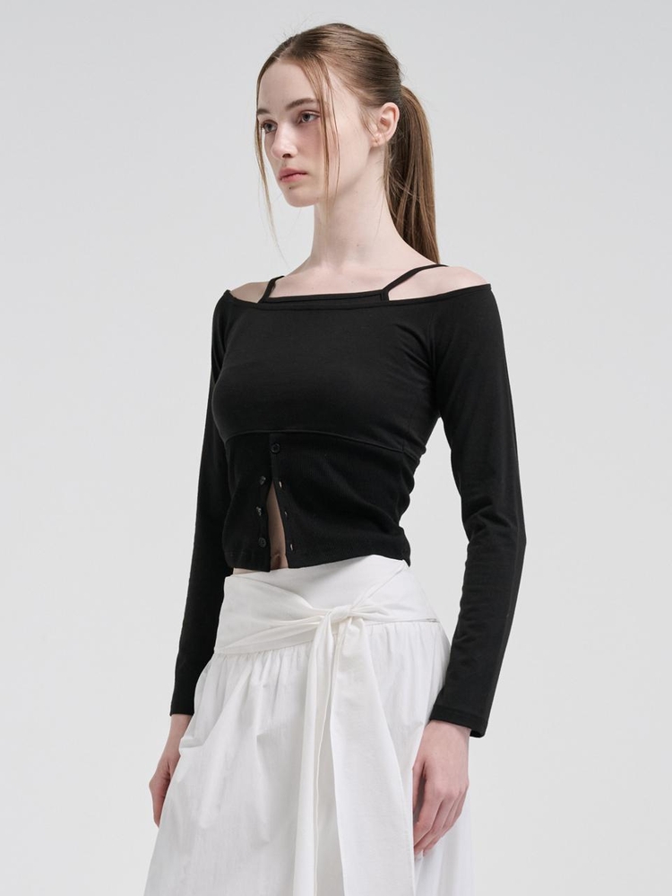 Layered Button T-Shirt, Black