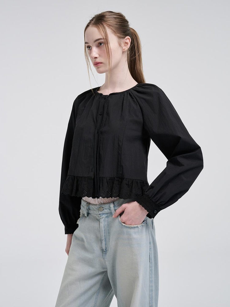 Lace Shirring Blouse, Black