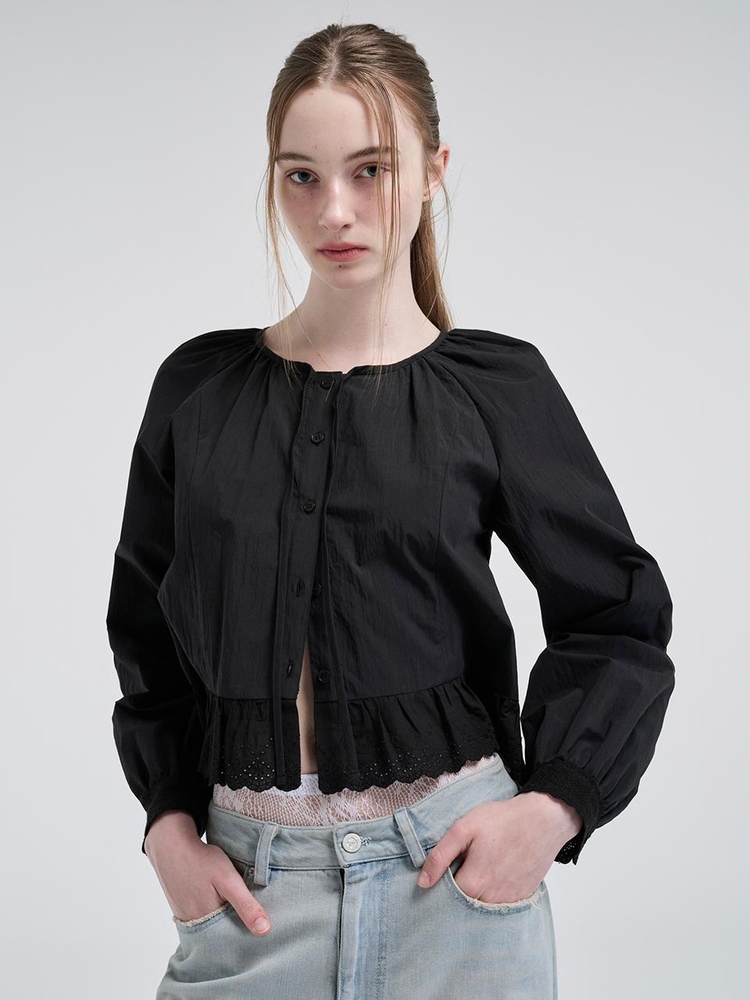 Lace Shirring Blouse, Black