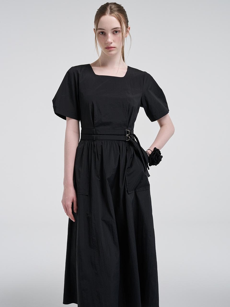 2-Way Sleeve Belted Dress, Black