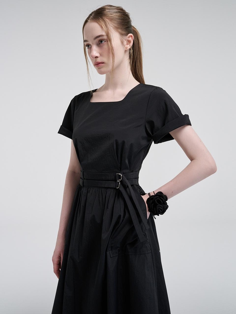 2-Way Sleeve Belted Dress, Black