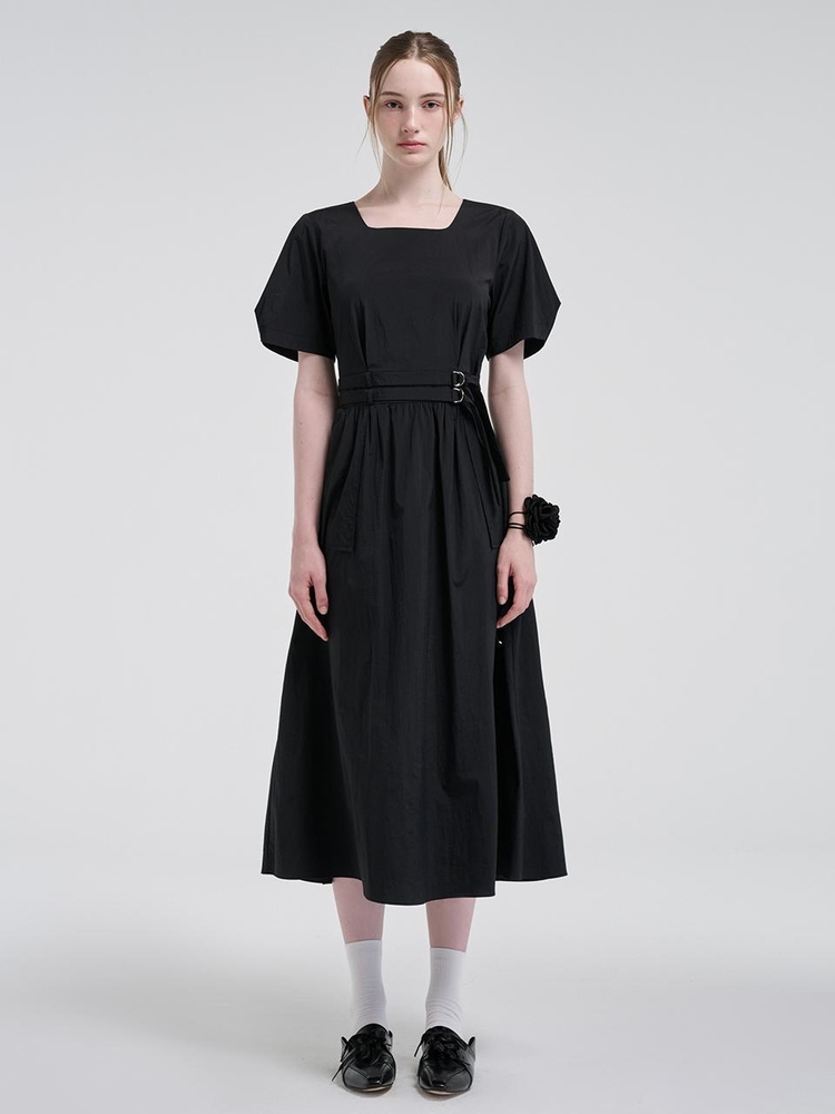 2-Way Sleeve Belted Dress, Black