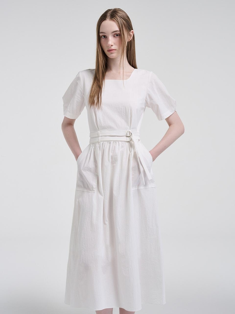 2-Way Sleeve Belted Dress, White