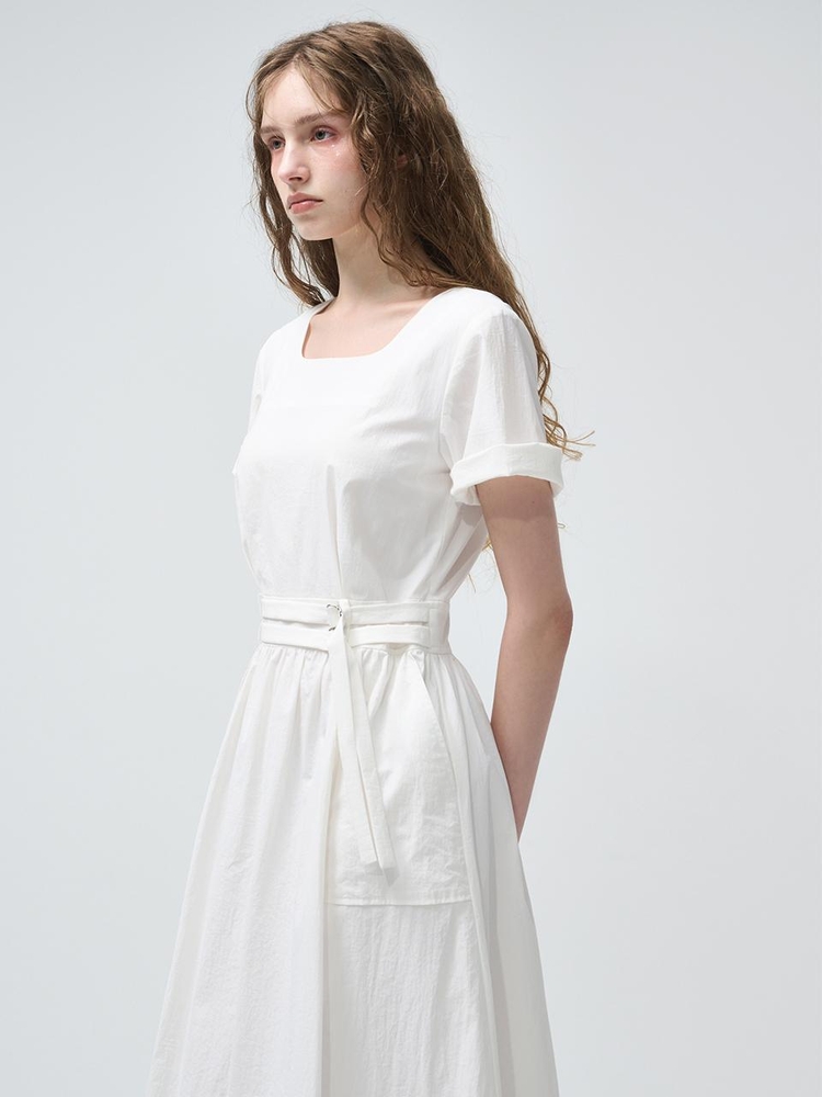 2-Way Sleeve Belted Dress, White