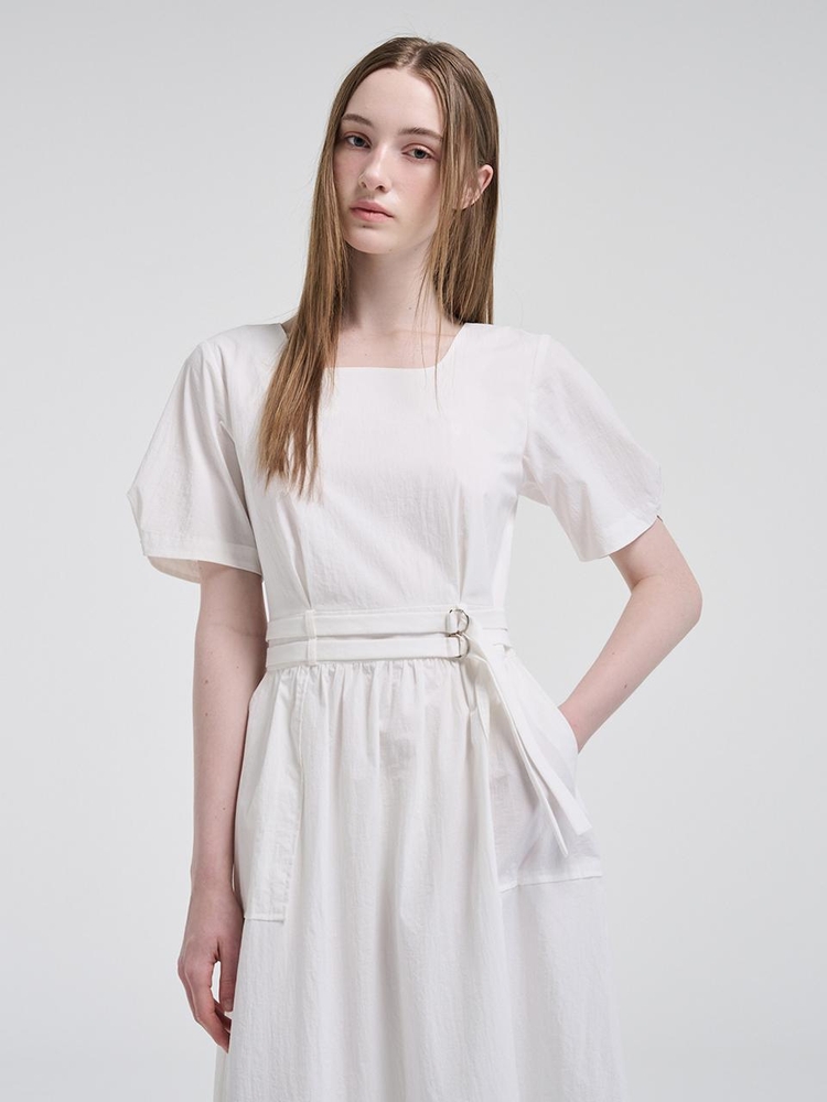 2-Way Sleeve Belted Dress, White