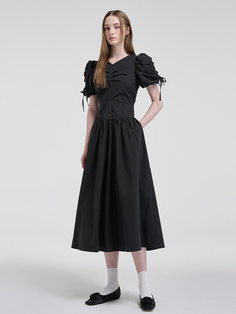 Front Tuck Shirring Dress, Black