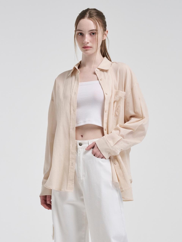 Oversized Pocket Summer Shirt, Light Beige