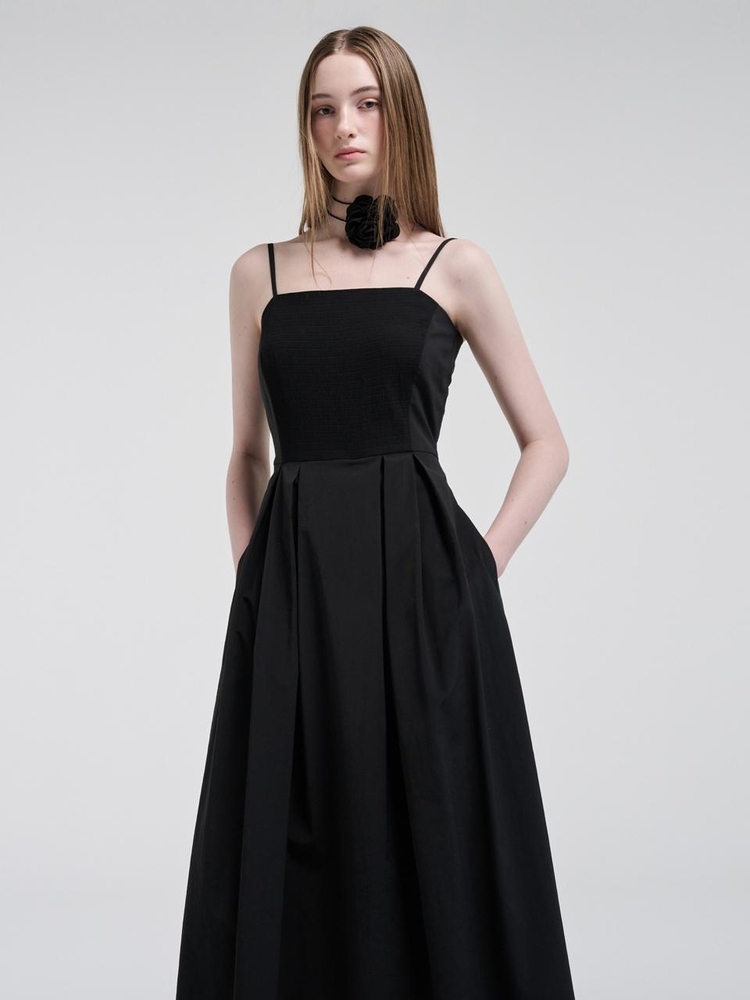 Slip Texture Blend Pleats Dress, Black