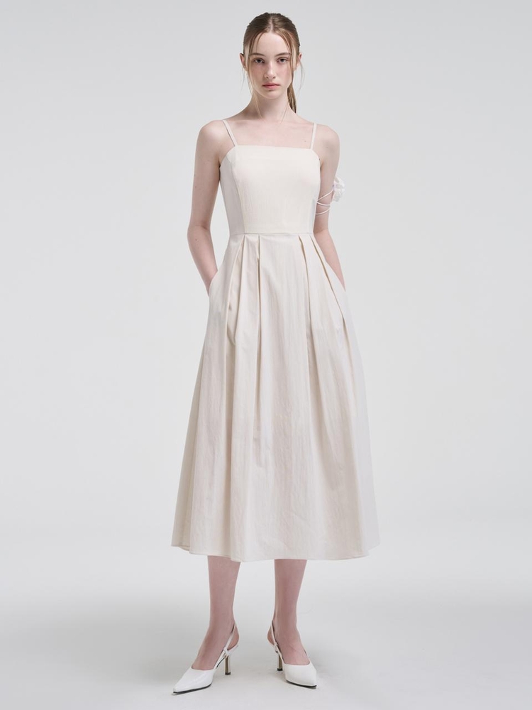 Slip Texture Blend Pleats Dress, Cream Ivory