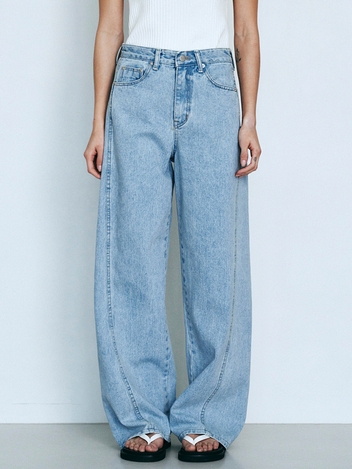 Line Point Vintage Washing Wide Denim Pants (Light Blue)