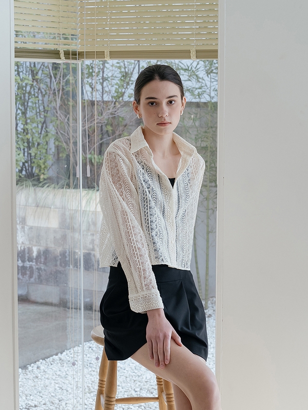 Beige Lace Cropped Shirt