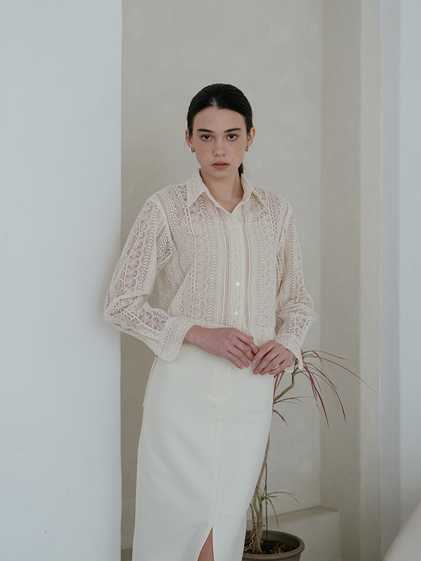 Beige Lace Cropped Shirt