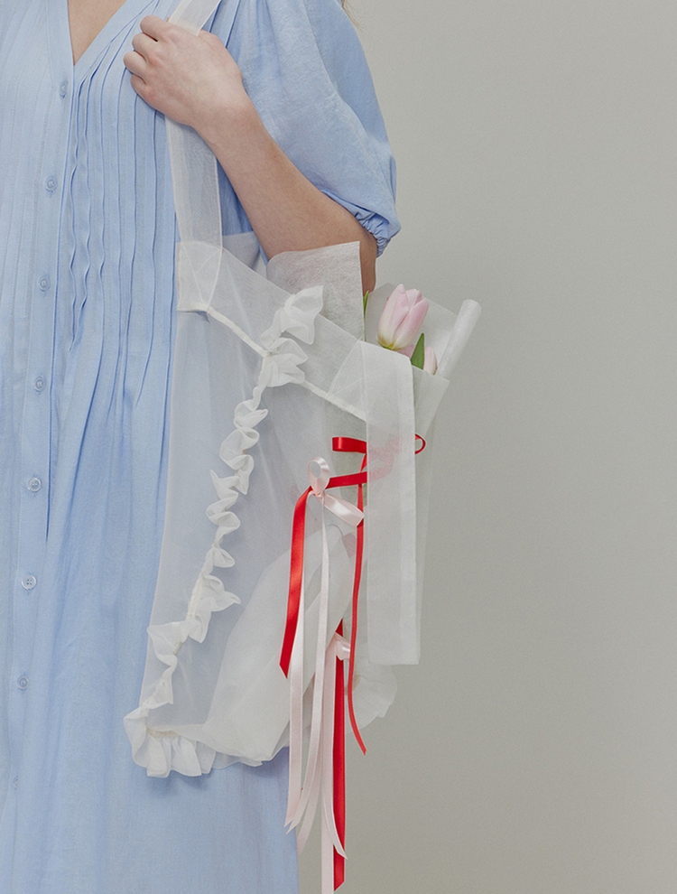 Organza ribbon detail shirring bag_White