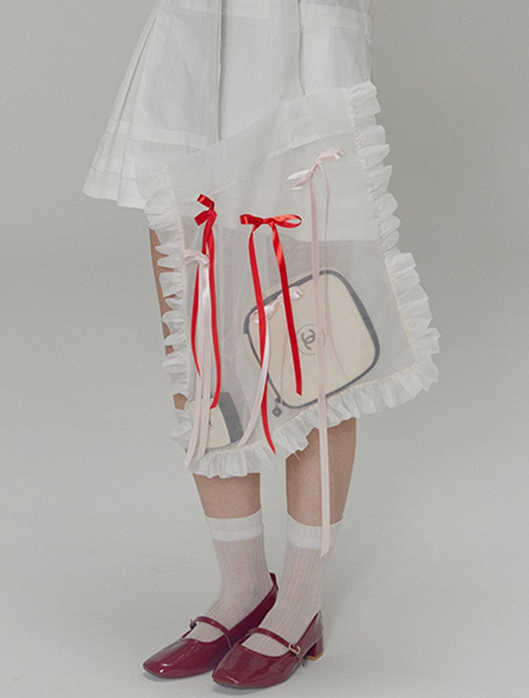 Organza ribbon detail shirring bag_White