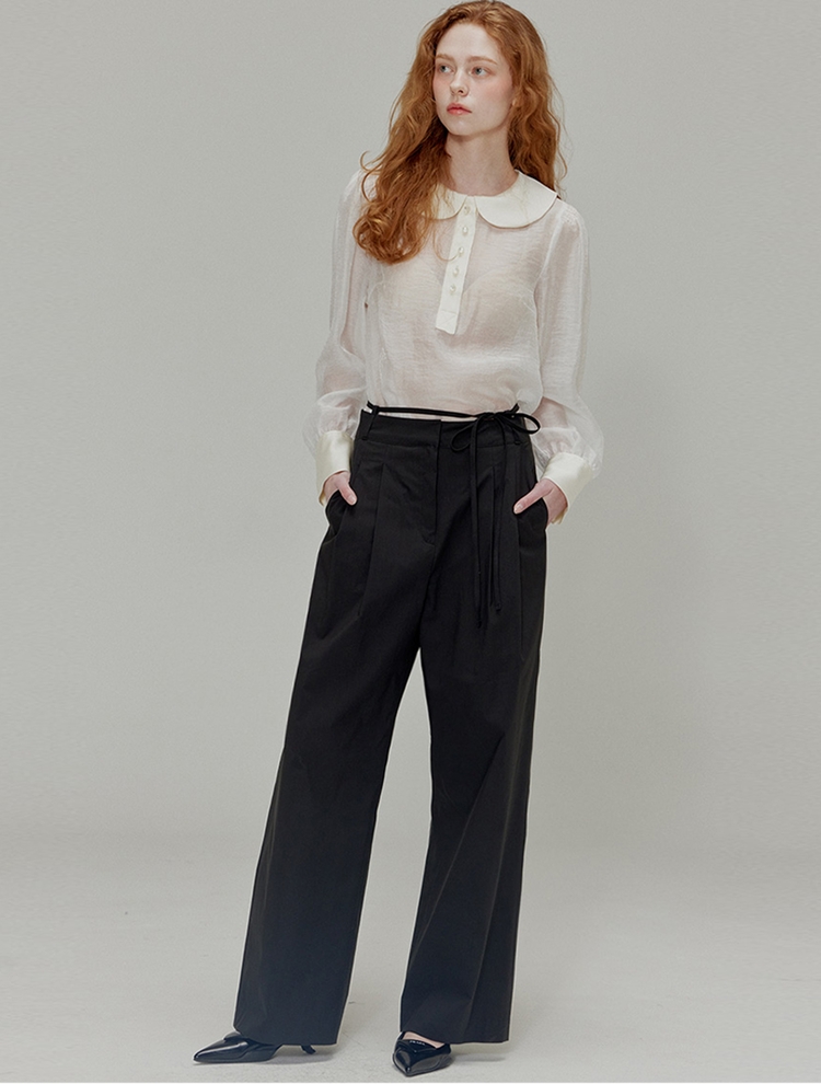 Ribbon cotton two-tuck wide pants_Black