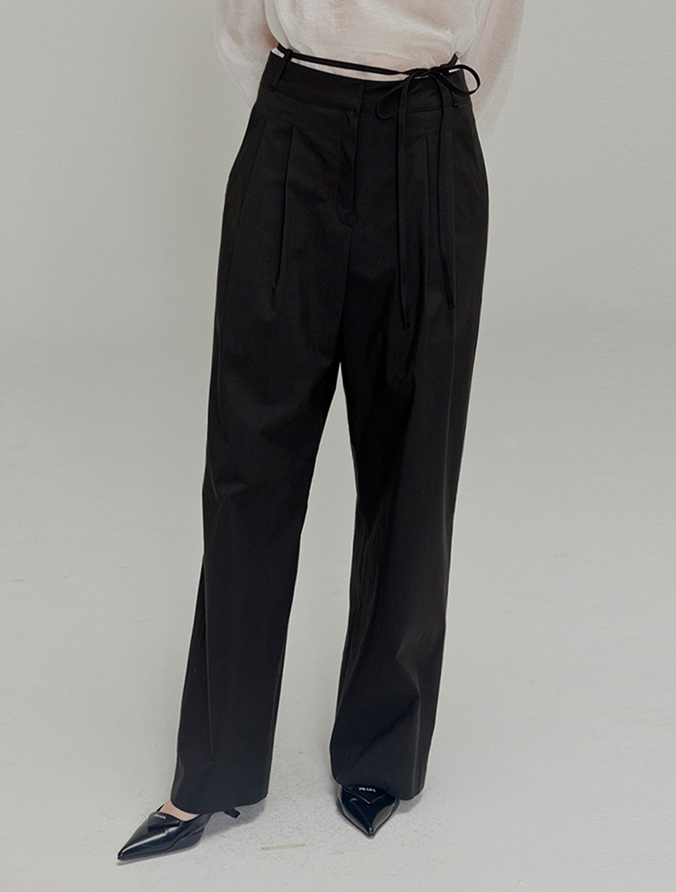 Ribbon cotton two-tuck wide pants_Black