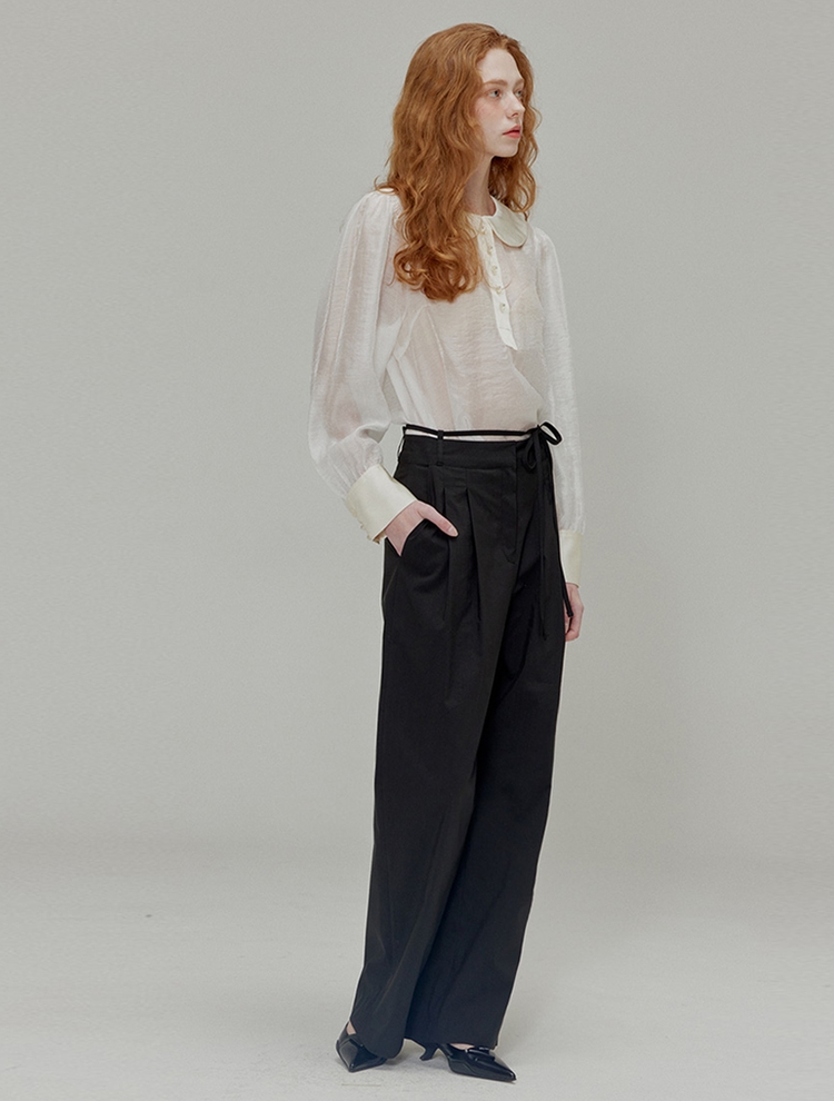 Ribbon cotton two-tuck wide pants_Black