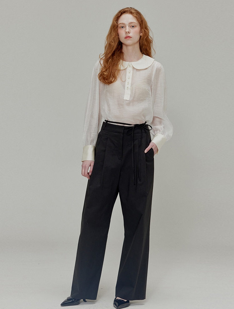 Ribbon cotton two-tuck wide pants_Black