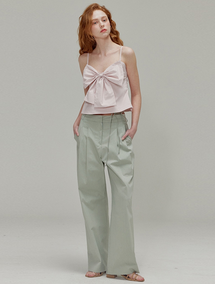 Ribbon cotton two-tuck wide pants_Khaki