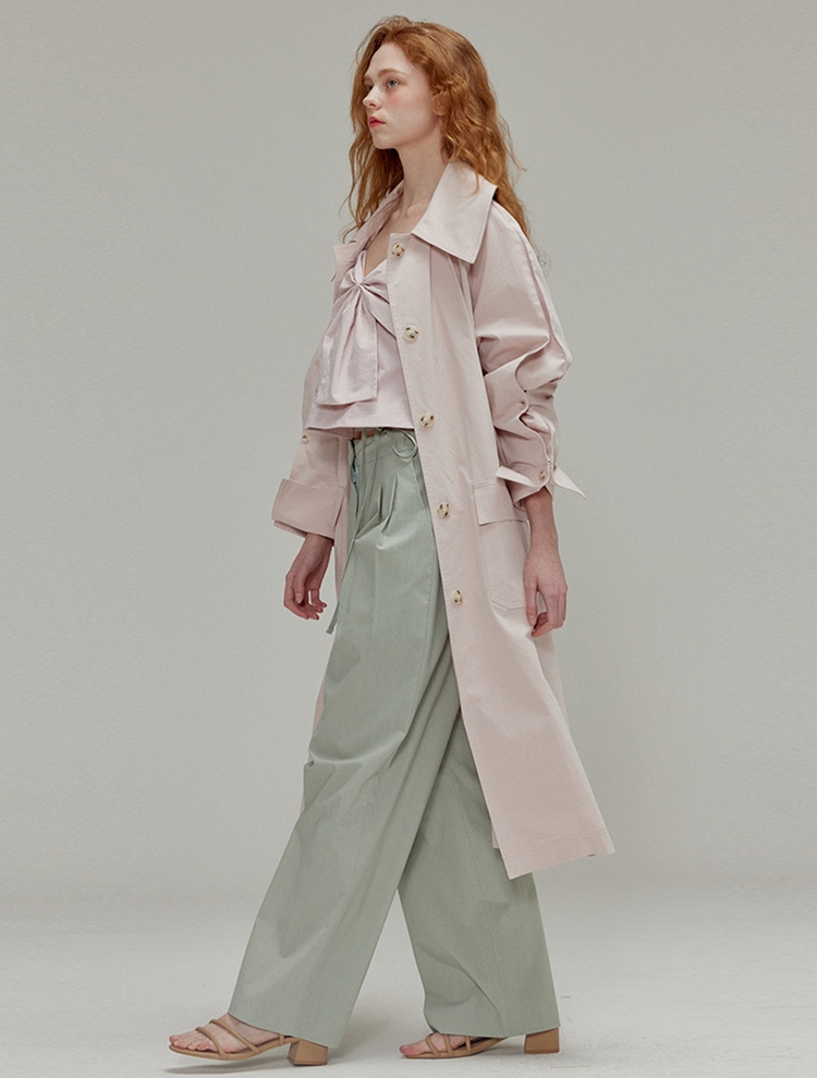 Ribbon cotton two-tuck wide pants_Khaki