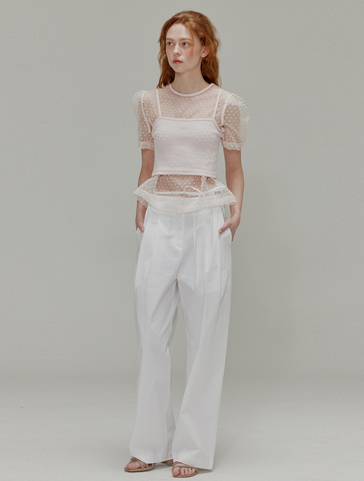 Ribbon cotton two-tuck wide pants_White