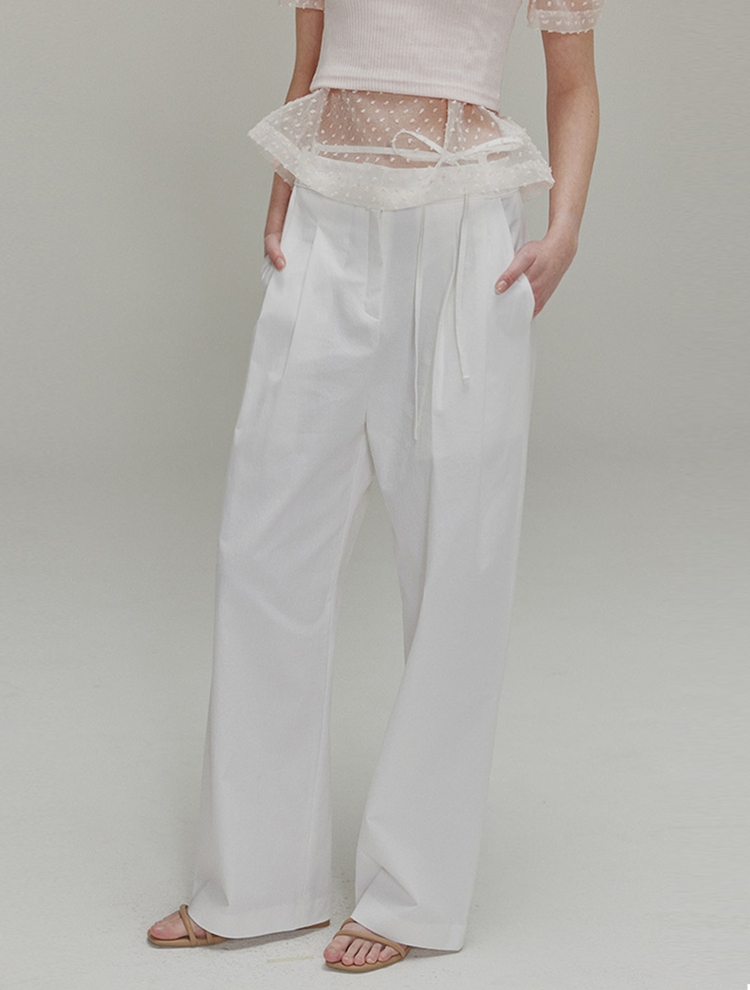 Ribbon cotton two-tuck wide pants_White