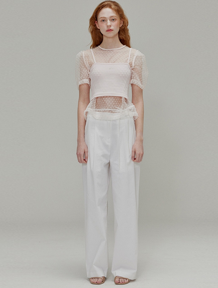 Ribbon cotton two-tuck wide pants_White