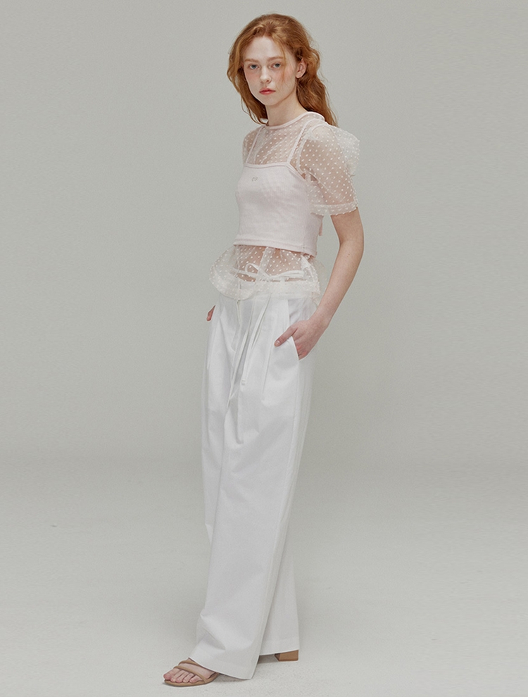 Ribbon cotton two-tuck wide pants_White