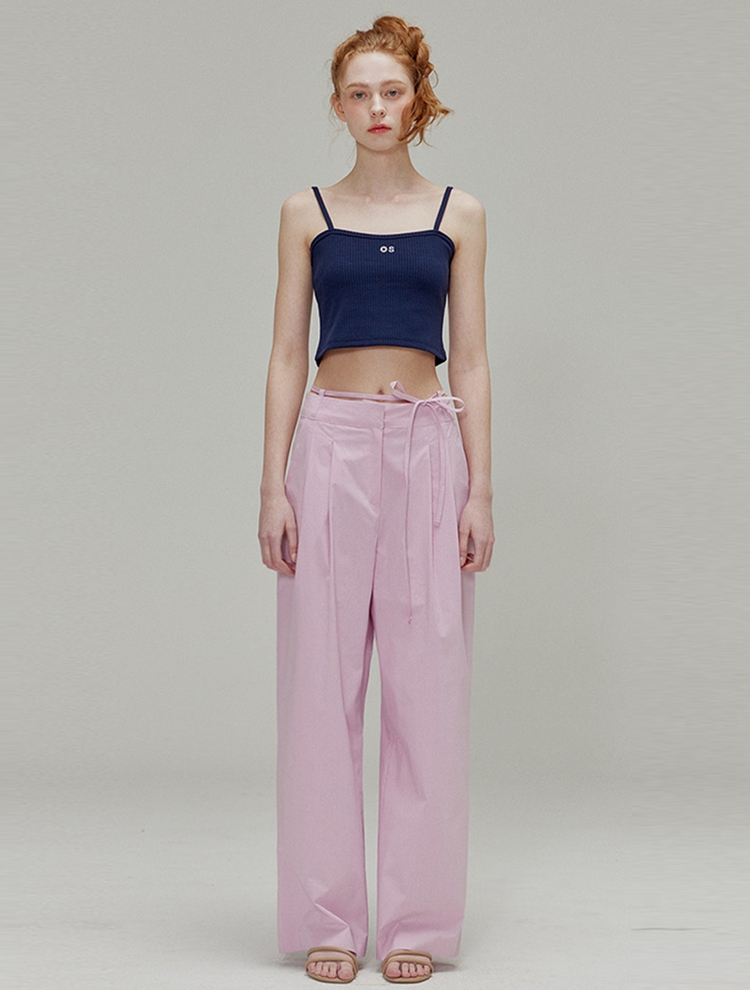 Ribbon cotton two-tuck wide pants_Pink