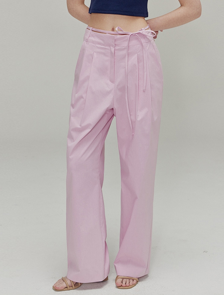 Ribbon cotton two-tuck wide pants_Pink