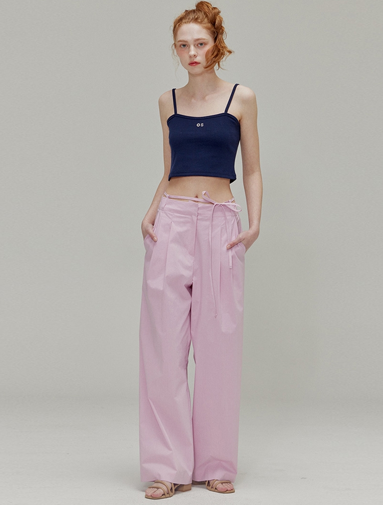 Ribbon cotton two-tuck wide pants_Pink