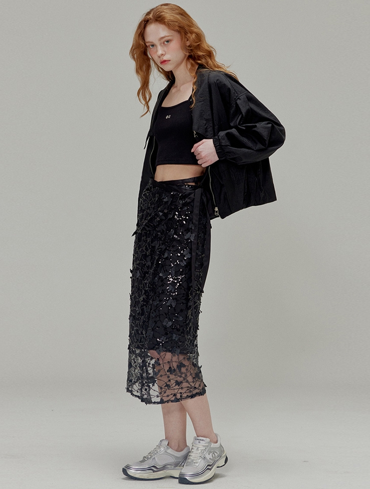 Butterfly sequin wrap skirt set_Black