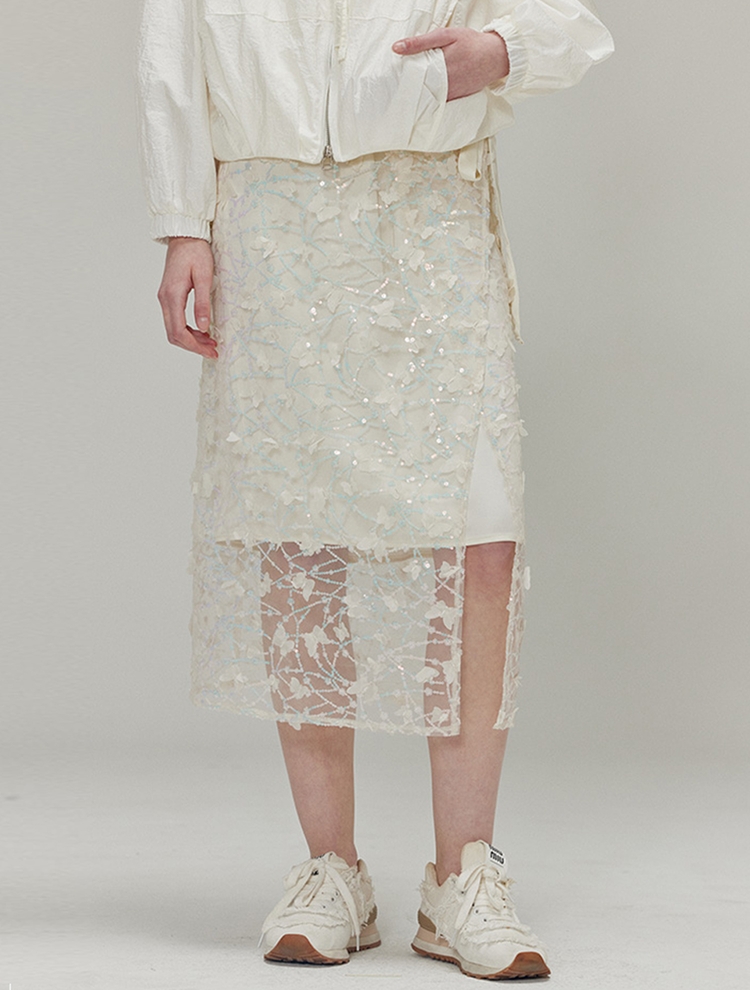 Butterfly sequin wrap skirt set_Cream