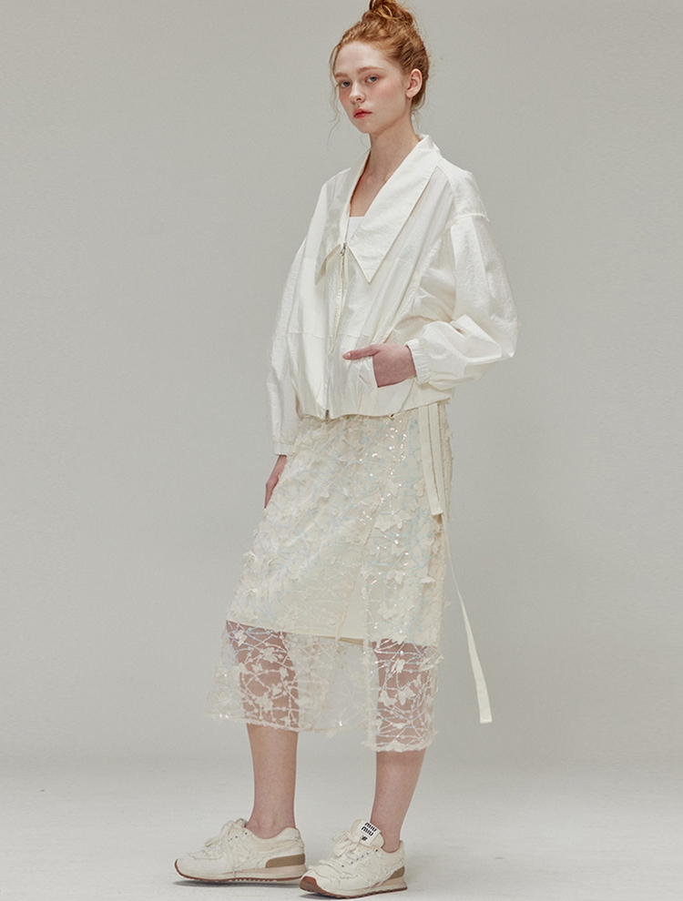 Butterfly sequin wrap skirt set_Cream