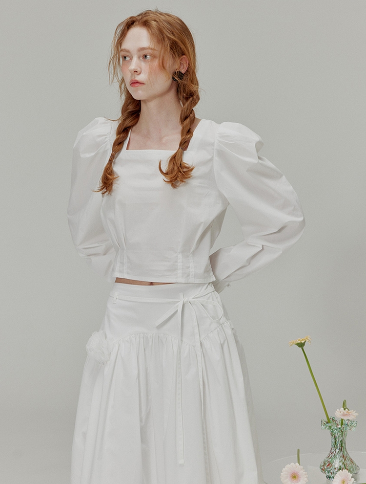 Rose brooch ribbon shirring skirt_White