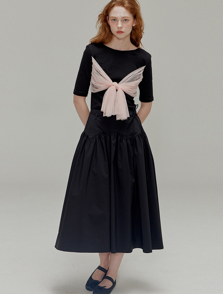 Rose brooch ribbon shirring skirt_Black