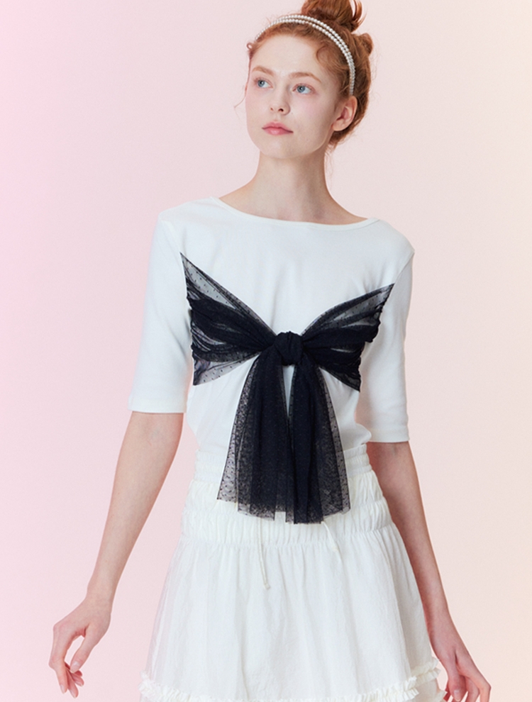 Ribbon detail ballerina t-shirt_White