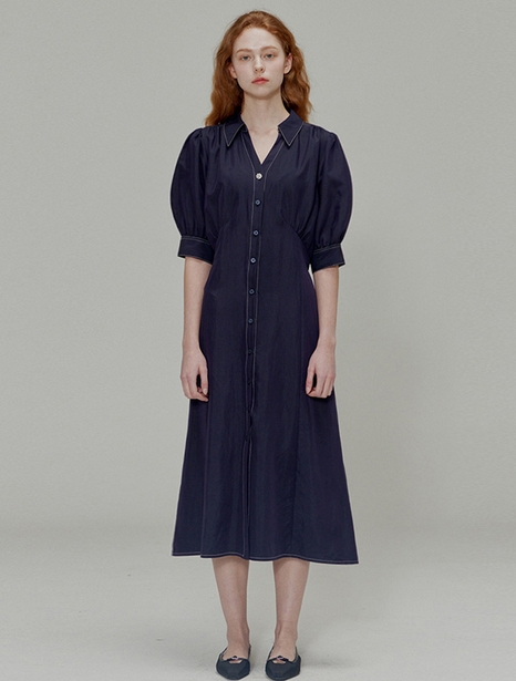 Open collar shirring detail shirt dress_Navy