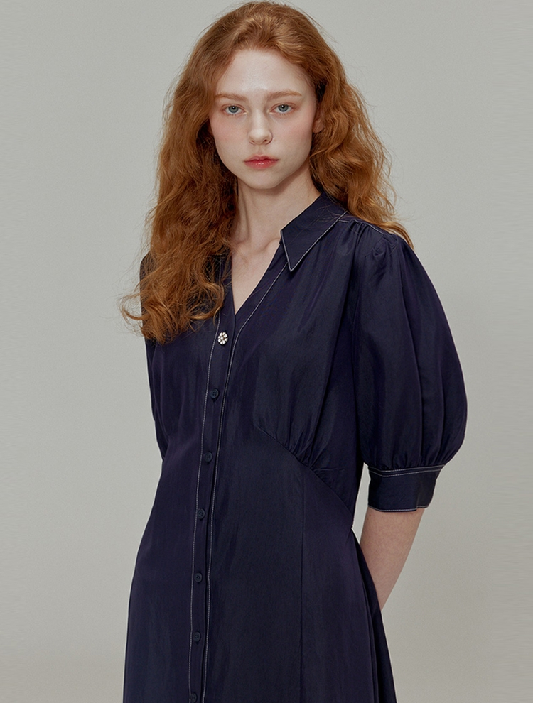 Open collar shirring detail shirt dress_Navy