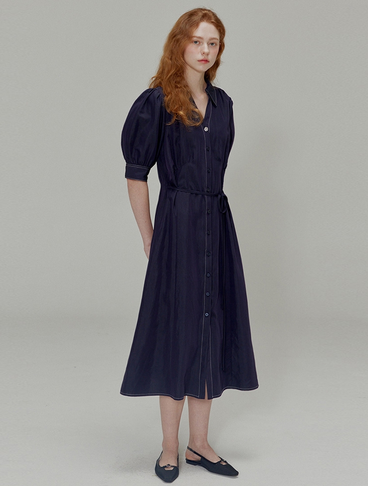 Open collar shirring detail shirt dress_Navy