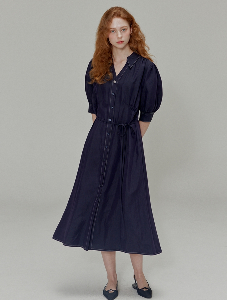 Open collar shirring detail shirt dress_Navy