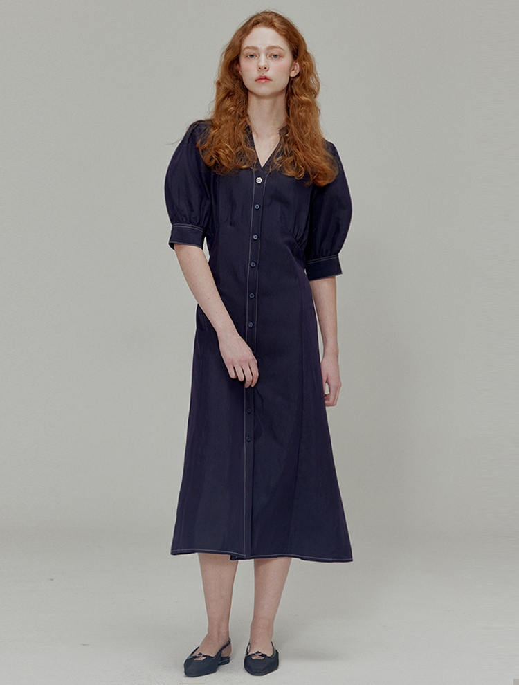 Open collar shirring detail shirt dress_Navy