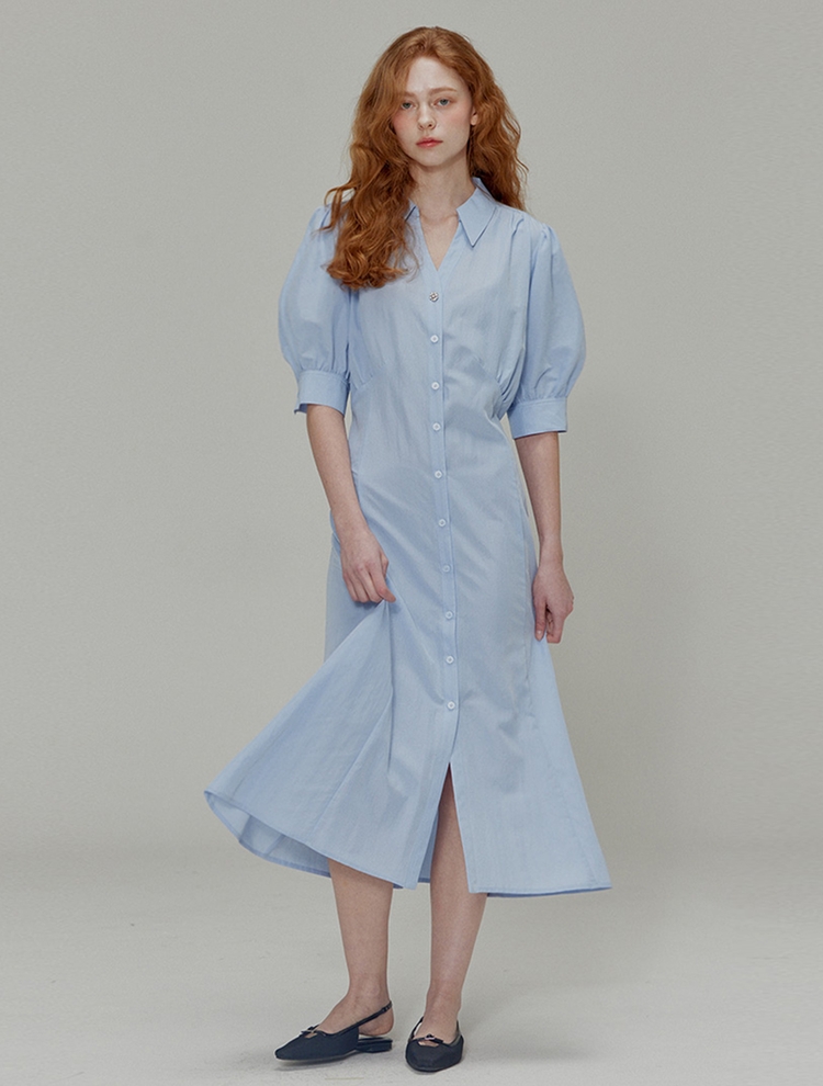 Open collar shirring detail shirt dress_Blue