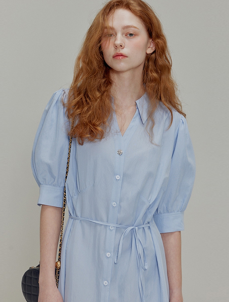 Open collar shirring detail shirt dress_Blue