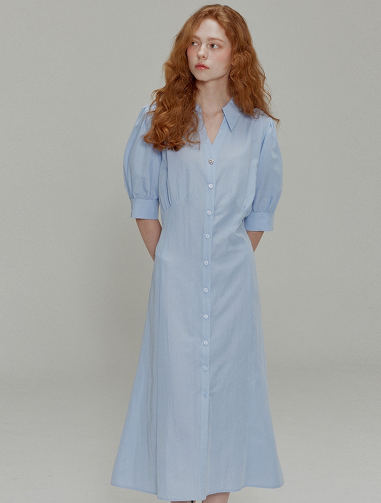 Open collar shirring detail shirt dress_Blue