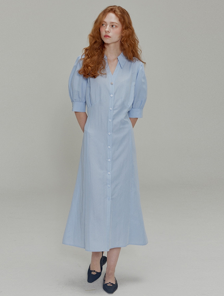 Open collar shirring detail shirt dress_Blue